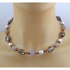 Perlenkette 47cm Süßwasserperlen Natur Rauchquarz Achat 