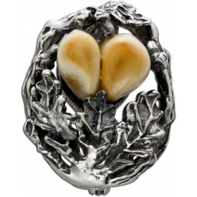Grandel Brosche Silber 925 2 Rotwildzähne Antikschmuck