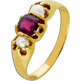 Perlen Ring Gelbgold 750 18K pinker Rubin 0.52ct  Antikschmuck