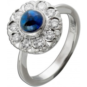 Saphirring Weißgold 585 14K blau Safir 1 ct Cabochon Diamanten 