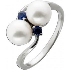 Perlenring Weißgold 585 14K Akoyaperlen blaue Saphire 0.12ct 