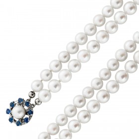 Perlenkette Weißgold 585 jap. Akoyaperlen 6.1mm blaue Saphire 0.64ct