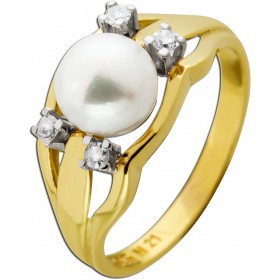 Perlen Ring Gold 585 14K Akoyaperle Diamanten Antikschmuck
