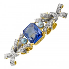 Safir Perlen Brosche Nadel Gold 585 14K Brillanten synth.Safir Antikschmuck