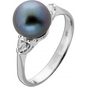 Perlenring Weißgold 750 18K Tahitiperle 9mm Diamanten 0.30ct 