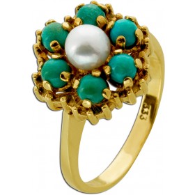 Perlenring Gelbgold 333 8K grüne Türkis Edelsteine Antikschmuck