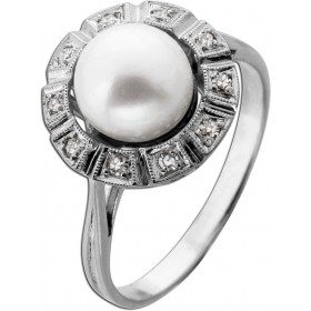 Perlenring Weißgold 585 14K Akoyaperle Diamanten Antikschmuck 