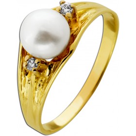 Perlenring Gold 585 14K  Akoyaperle Brillanten Antikschmuck