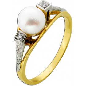 Perlenring Gold 585 Weißgold 14K  Akoyaperle Diamanten Antikschmuck 