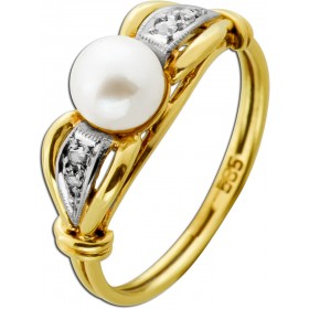 Perlenring Gold 585 14K Akoyaperle Diamanten Antikschmuck