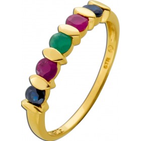 Memoire Ring Gold 585 14K rote Rubine grüner Smaragd blaue Saphire 