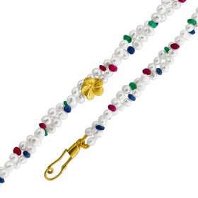 Perlenkette 48cm 2-reihig Suesswasserperlen Rubine Smaragde Gold 750 