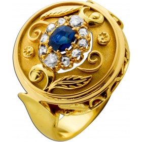Saphir Ring Gold 585 14K Diamanten 0.50ct blauer Etrusk Antikschmuck