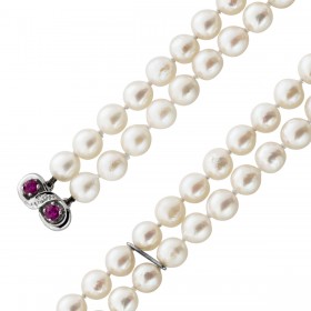 Perlenarmband Akoyaperlen Weißgold 585 14K Diamant Rubine Antikschmuck