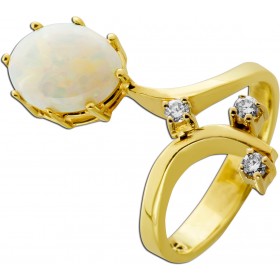 Opal Ring Gold 585 14K Brillanten 0.10ct weiss orange grüner Edelstein