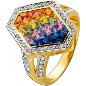 Saphirring Rainbow Gold 585 14K Saphire 3.2ct. Brillanten 0.75ct.