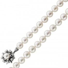 Perlenkette 74cm Akoyaperlen Weissgold 585 Diamanten Antikschmuck