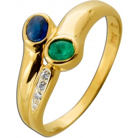 Smaragdring Gold 585 14K blauer Saphir Brillanten Antikschmuck