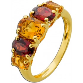 Citrinring Gold 375 9K honiggelbe Citrine rote Almandine Granate