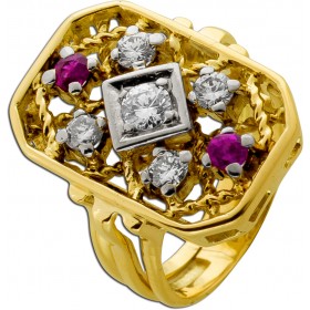 Rubinring Gold 750 18K Brillanten 0.45ct rote Rubine Antikschmuck