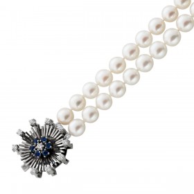 Perlenkette Weißgold 750 18K Saphire Diamanten 0.66ct Akoyaperlen