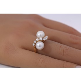 Perlenring Gold 585 14K Brillanten 0.35ct. Akoyaperlen 8.1mm