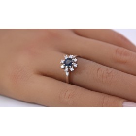 Saphirring Weißgold 585 14K blauer Edelstein Diamanten Antikschmuck