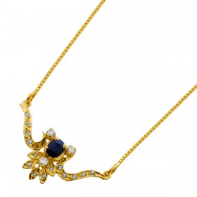Saphir Collier Gold 750 18K blauer Edelstein Diamanten 0.2ct Antikschmuck