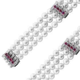 Perlenarmband Weißgold 585 Akoyaperlen rote Rubine Antikschmuck