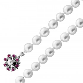 Perlenkette 88cm Akoyaperlen Rubine Weißgold 585 Antikschmuck