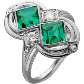 Turmalinring Weißgold 585 14K grüne Edelsteine Brillanten Antikschmuck