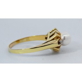 Perlenring Gold 585 14K Akoyaperle Brillanten 0.06ct Antikschmuck