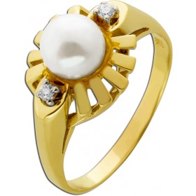 Perlenring Gold 585 14K Akoyaperle Brillanten 0.06ct Antikschmuck