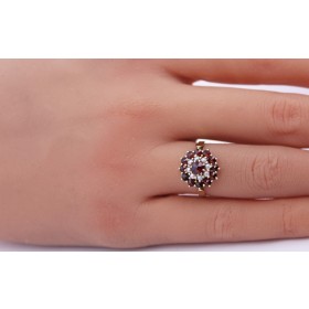 Granatring Gold 585 14K rote Almandine Granate Orientperlen Antikschmuck