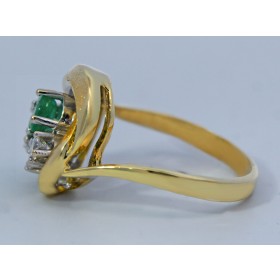 Smaragdring Gold 585 14K grüne Smaragde Brillanten 0.20ct Antikschmuck