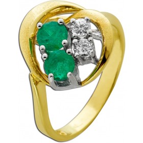 Smaragdring Gold 585 14K grüne Smaragde Brillanten 0.20ct Antikschmuck