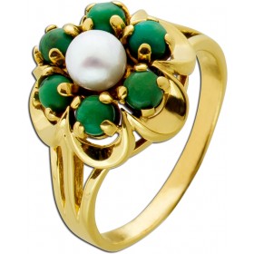 Perlenring Gelbgold 333 8K Akoyaperle grüne Aventurin Edelsteine Antikschmuck