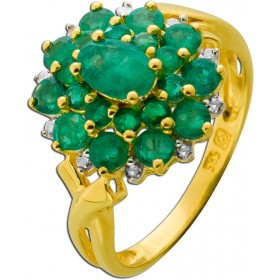 Smaragdring Gold 585 14K grüne Smaragde Diamanten 0.10ct Antikschmuck