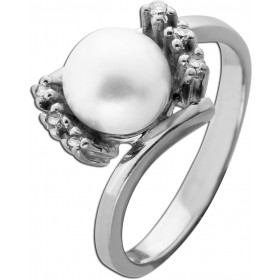 Perlenring Weißgold 585 14K Diamanten 0.12ct Akoyaperle 7.3mm Antikschmuck