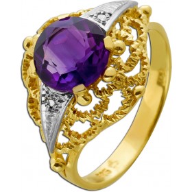 Amethyst Ring Gold 585 14K lila Amethyst Brillanten Antikschmuck