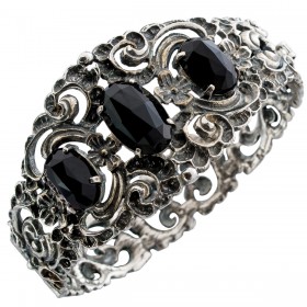 Onyx Armreif Silber 800 schwarze Onyx Edelsteine 14.5ct Antikschmuck 