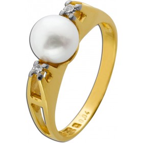 Perlenring Gold 585 14K Diamanten 0.04ct Akoyaperle Antikschmuck