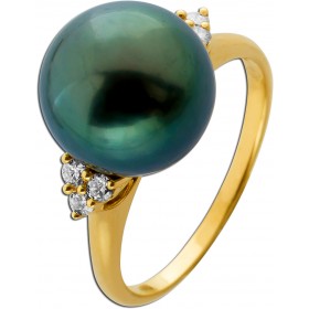 Perlenring 12mm Gold 585 14K Brillanten Tahiti Perle AAA++ Schwarz