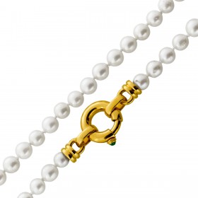 Perlenkette 50cm Gold 750 18K Akoyaperlen grüner Smaragd 0.10ct 