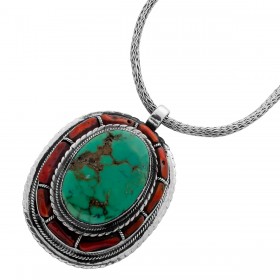 Türkis Kette Silber 925 Boulder Türkis rote sardische Koralle Antikschmuck