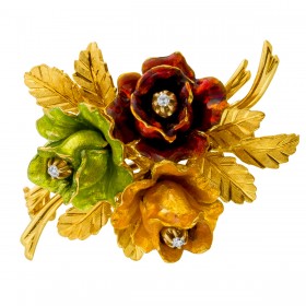 Rosen Brosche Gold 750 18K Diamanten 0.06ct Antikschmuck 1960