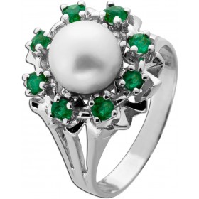Perlenring Weißgold 585 14K grüne Smaragde 0.36ct Akoyaperle Antikschmuck