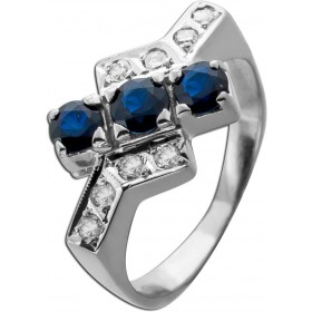 Saphirring Weißgold 750 18K blaue Saphire Diamanten 0.16ct Antikschmuck