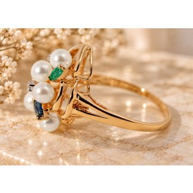 Perlenring Gold 585 Akoyaperlen Rubin Smaragd Saphir Diamanten Antikschmuck