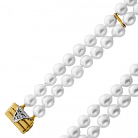 Perlenarmband 2-reihig Akoyaperlen Diamanten 0.045ct Gold 585 Antikschmuck